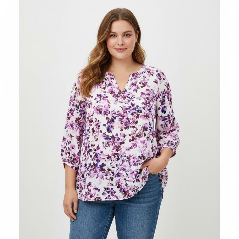 Rose + Olive 2X Top Womens Plus Size Popover Floral Purple Blouse Pintuck Casual